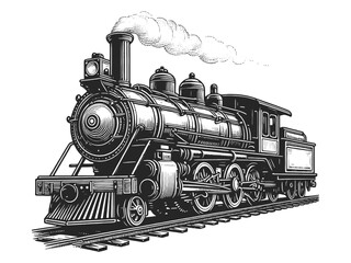 Steam locomotive train in steampunk style sketch engraving generative ai vector illustration. Scratch board imitation. Black and white image.