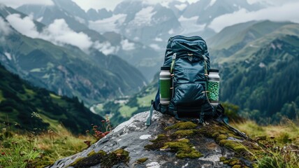 hiker's backpack equipped with a thermos, poised on a rocky outcrop, offers a stunning view of the lush mountain valley below, capturing the essence of adventure travel. - obrazy, fototapety, plakaty