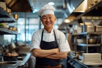 Smiling, confident chef with a white toque standing proudly in a commercial kitchen, reflecting years of culinary expertise. - obrazy, fototapety, plakaty