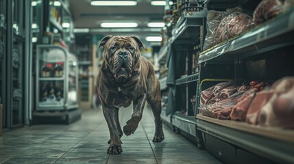 tiberian mastiff running a butcher's store - obrazy, fototapety, plakaty