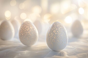 Easter Simplicity Redefined: Elegant White Easter Eggs Embellished with Minimalistic Designs on a Radiant Background - obrazy, fototapety, plakaty