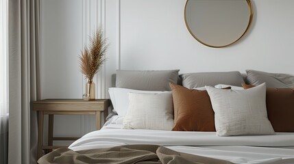 a sleek gray fabric bed adorned with two white pillows and contrasting brown pillows against white walls, with a small table positioned behind the bed with a circular mirror.