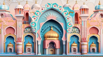 Greeting card for Ramadan Kareem, with colorful ornamental patterns in the arabesque architectural style of an Islamic mosque