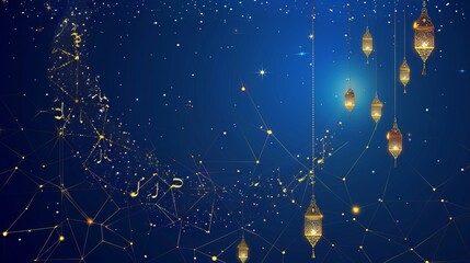 Hanging lanterns and a crescent moon Concept for the Islamic Festival: lines, triangles, and a point that connects the network on a blue background. Vector illustration