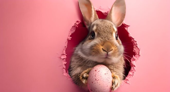 Easter bunny or rabbit peeking out a hole holding a painted Easter egg, spring holiday 4k video, colorful pastel color, minimailism Copy space funny video