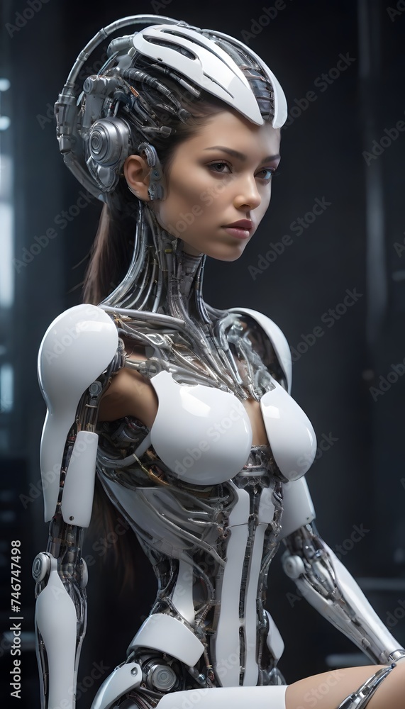 Poster a reflective android with a subdued expression and intricate mechanical details embodies the interse