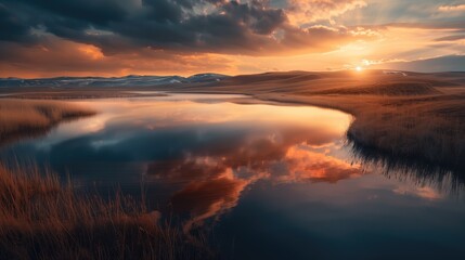 Beautiful sunset landscape with snowy hills and setting sun at the horizon with peaceful and calm river reflecting cloudy sky