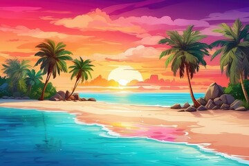 A vibrant summer background with a colorful sunset over a tropical beach, complete with palm trees and crystal clear water