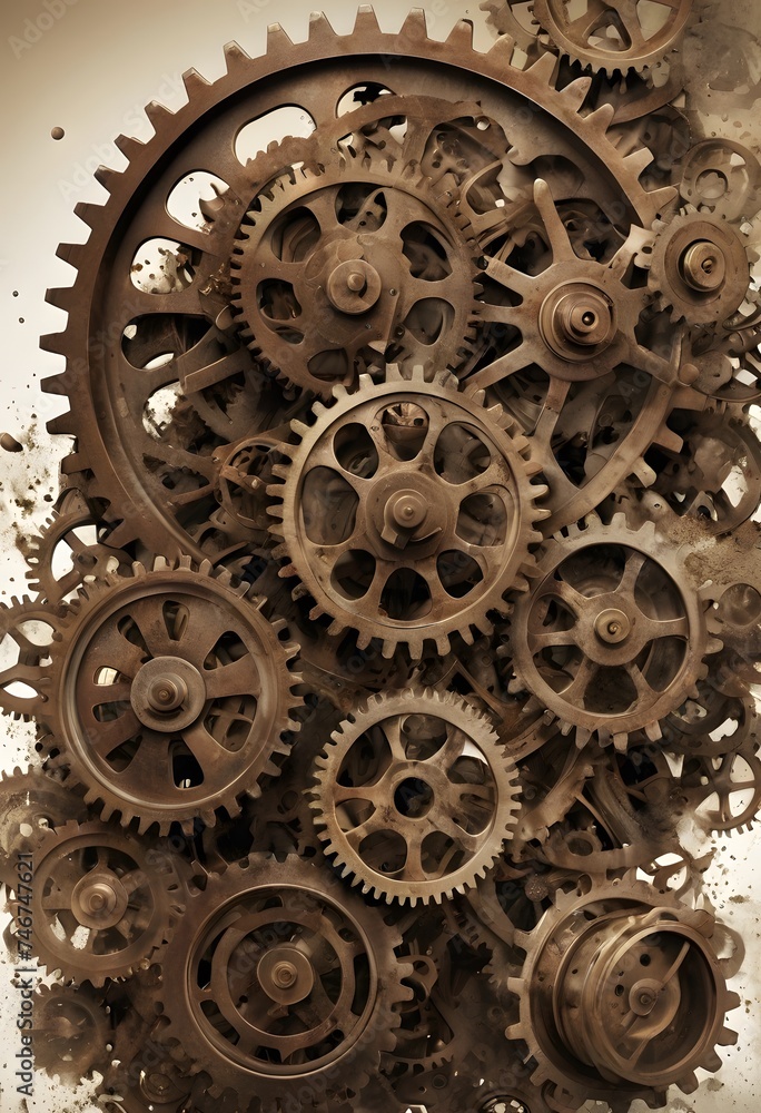 Poster monochrome gears mesh together in a symbolic representation of industry, precision engineering, and 