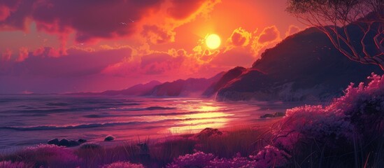 A painting depicting a vivid sunset casting a warm glow over a calm body of water. The sun dips below the horizon, creating a stunning reflection on the tranquil waves.