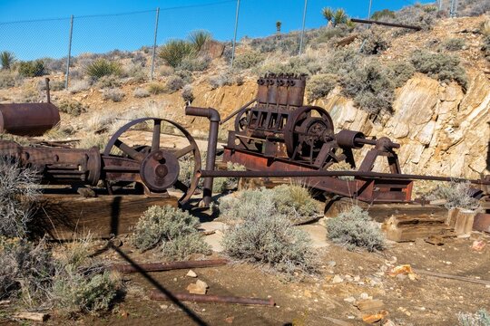 Famous Lost Horse Gold and Silver Mine Platform, Rust Colored Industrial Machine Equipment Junkyard. Joshua Tree National Park California Southwest USA