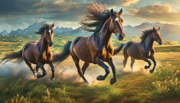 Graceful horses gallop against a backdrop of majestic mountains. Perfect for banners, this scene evokes freedom and natural beauty. Ideal for home décor or equestrian events.