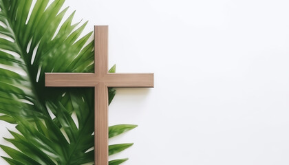 Palm Sunday Easter wooden cross. Holy Week - obrazy, fototapety, plakaty