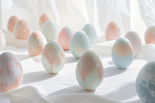 Minimalist Easter Elegance: Sophisticated Easter Decorations Against a Bright White Background. This image showcases an array of delicate Easter eggs, each