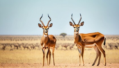 Fototapeta premium a couple of antelope standing next to each other on a dry grass field with other animals in the background.