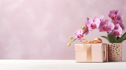 minimalist orchid flower with gift box, illustration, with copy space