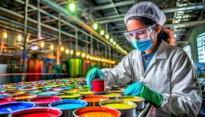 Fototapeta premium Precision Work: Technician in Protective Gear Filling Paint Cans on Industrial Line