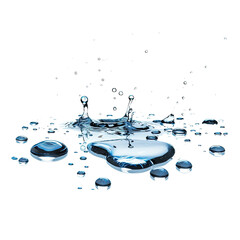 Water spill puddle and droplets on floor on white or transparent background