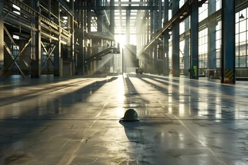 Papier Peint photo autocollant Vieux bâtiments abandonnés The interior of an empty factory, bathed in the ethereal light of dawn, with long shadows stretching across the floor.