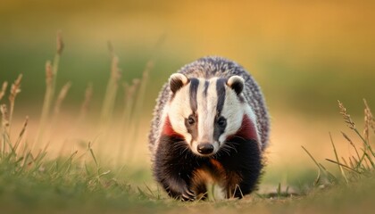 a badger is walking through the grass in front of a blurry background of tall grass and a blurry background of tall grass.