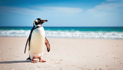 a penguin standing on top of a sandy beach next to a blue and white ocean filled with foamy waves.