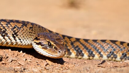 Obraz premium a close up of a snake on the ground with a dirt ground behind it and a brown and black snake on the ground.