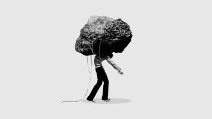 Man with giant heavy stone connected to him with rinks. Expectations, social pressure, negative thoughts. Stop motion, animation. Concept of mental health, depression and sadness, therapy, emotions