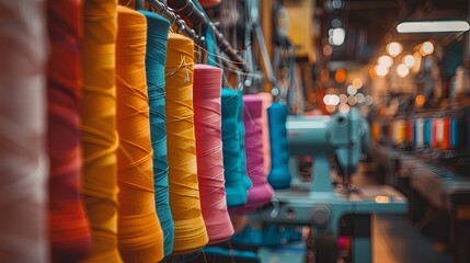Long rows of vibrant, colorful threads on spools in a textile factory, showcasing industrial fabric production. - obrazy, fototapety, plakaty