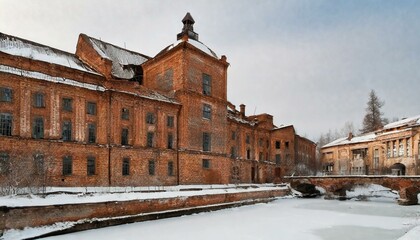 Fototapeta na wymiar Vintage Charm: Snow-Covered Old Factory Buildings with Warehouse Architecture and Brick Walls