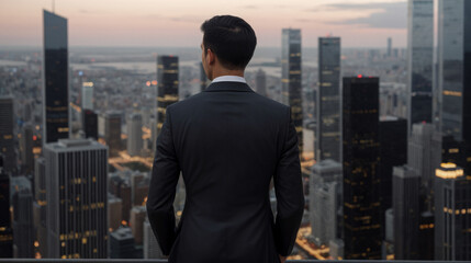 Businessman in a business suit looks at the city. City landscape