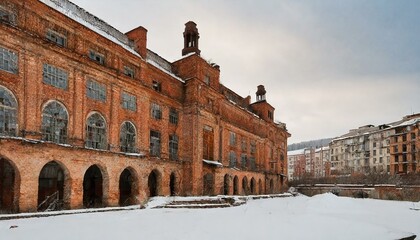 Vintage Charm: Snow-Covered Old Factory Buildings with Warehouse Architecture and Brick Walls