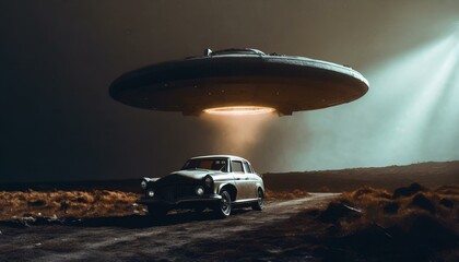 Fototapeta na wymiar Interstellar Encounter: Car Passing Alien Ship in the Darkness