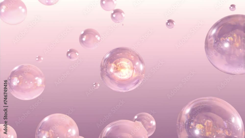 Poster macro visualization of pink gold bubbles rising in the water against a light background. super slow 
