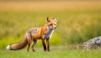 Naklejka na ściany i meble a red fox standing on top of a lush green field next to a pile of dirt and a fallen tree.