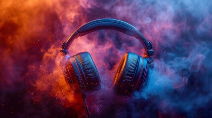 World music day banner with headset headphones on abstract colorful dust background. Music day event and musical instruments colorful design. Ai generative