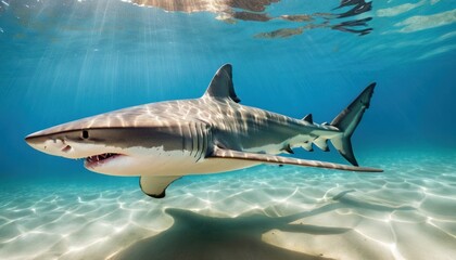 Fototapeta premium a close up of a shark swimming in a body of water with sunlight streaming through the water's surface.