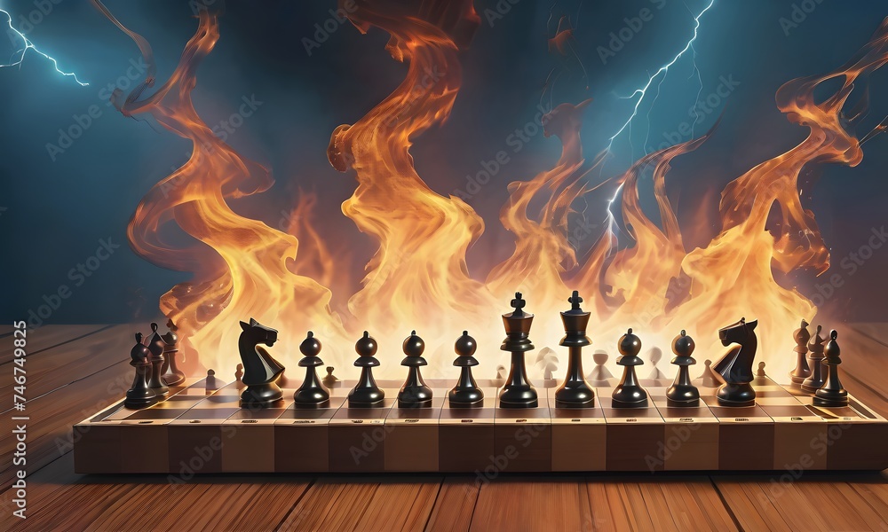 Poster sparks fly over a chessboard where strategy and intellect collide, symbolizing the explosive potenti
