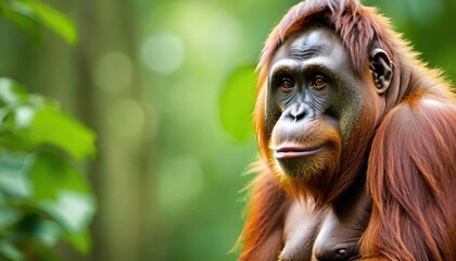 a close - up of an oranguel looking at the camera with a blurry background of trees in the background.