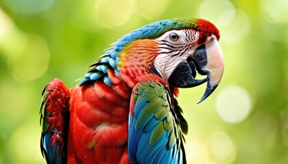 Fototapeta premium a close up of a colorful parrot on a branch with blurry trees in the backgrouds of the background.