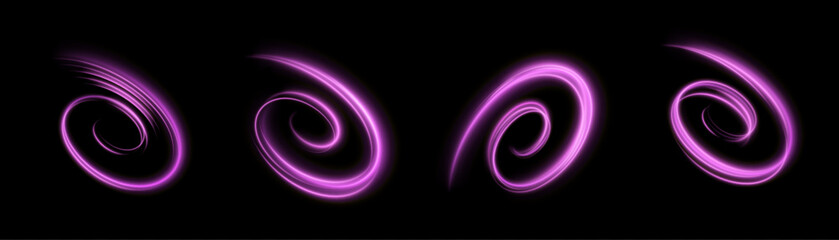 The speed of movement of the light vortex of violet light. A whirlwind of bright purple light. Abstract curved light effect of bright lines. Vector PNG