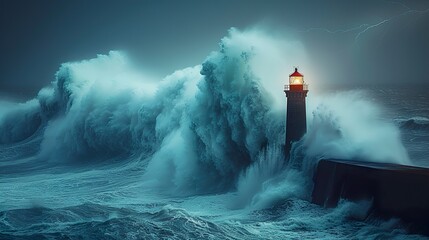 A photograph capturing a lone lighthouse standing against a colossal blue wave. The sky and ocean blend into a surreal blue landscape. Ai generative