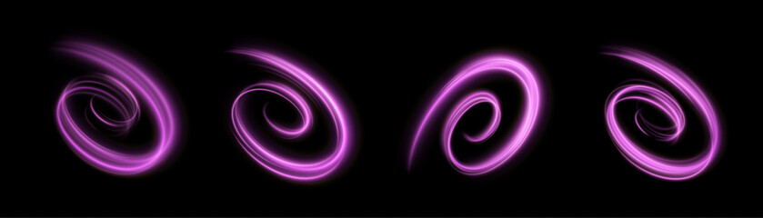 The speed of movement of the light vortex of violet light. A whirlwind of bright purple light. Abstract curved light effect of bright lines. Vector PNG
