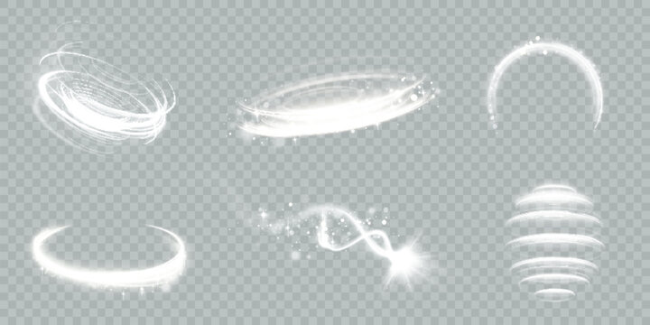 The speed of movement of a light vortex of bright light. A whirlwind of bright white light. Abstract curved light effect of bright lines. Vector PNG