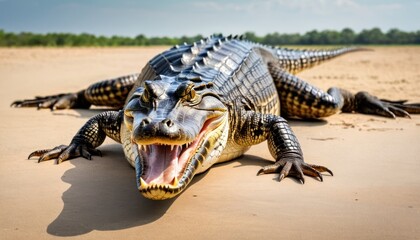 a large alligator laying on the ground with its mouth open and it's mouth wide open and it's mouth wide open. - obrazy, fototapety, plakaty