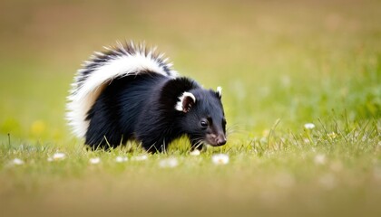 Fototapeta premium a small black and white animal standing on top of a lush green grass covered field with white and black flowers.