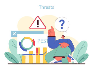 PEST analysis threats. Analyst contemplating business risks with warning sign.