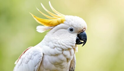 a close up of a white and yellow bird with a yellow mohawk on it's head and a green background.