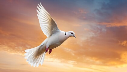 a white bird flying in the air with a sunset in the back ground and clouds in the sky behind it.