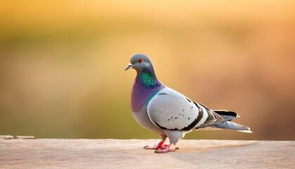 a close up of a pigeon standing on a ledge with a blurry back ground in the background and a blurry back ground in the foreground.