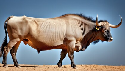 Obraz premium a bull with very long horns standing in a desert area with a blue sky in the back ground and sand in the foreground.